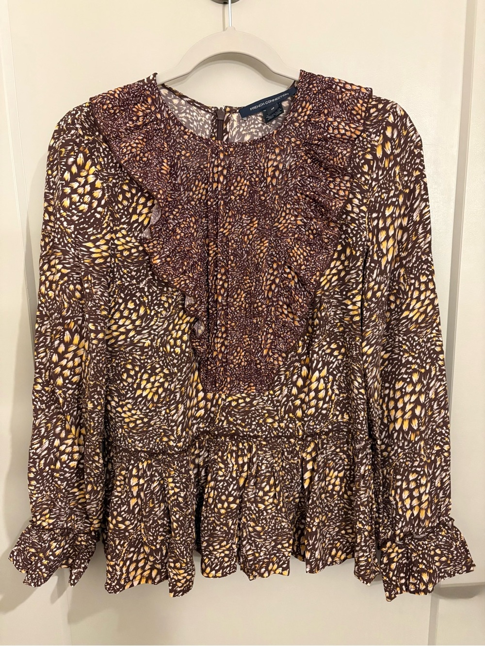 French Connection Brown & Yellow Ruffle Peplum Blouse